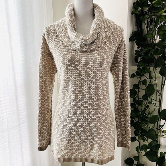 Calvin Klein Tan Brown & White Soft Chunky Knit Cowl Neck Sweater - Womens XL - Picture 1 of 8